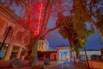 POINT (2023), The Besedni dum, The Brno Philharmonic, Brno (CZ) – Pavel Korbička, POINT, site-specific installations, neons, tree, stainless steel construction, 800 cm, 415x415x415 cm, The installation was commissioned by The Brno Philharmonic, photo: Jan Vermouzek